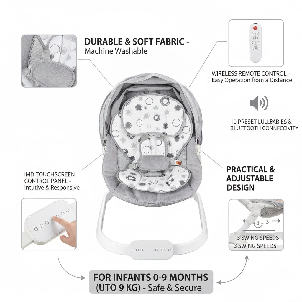 Baby Swing, Baby Bouncer With 3 Speeds & 3 Seating Positions, IMD Touch Panel, Remote Control, Bluetooth & 10 Preset Songs, For Children Aged 0-9 Months Up To 9 Kg