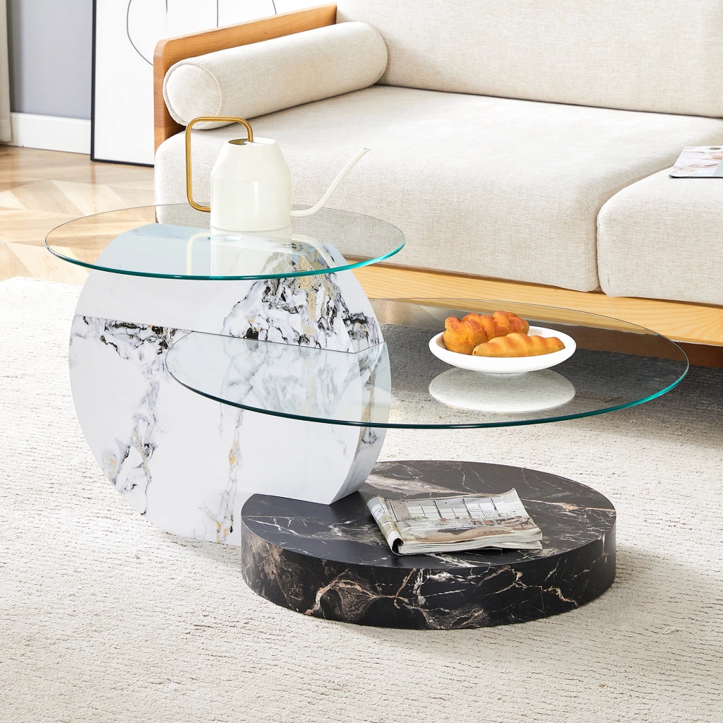 Tavolino basso fisso a due livelli in MDF e vetro trasparente bianco e nero 78.51 × 78.99 × 24.51 cm