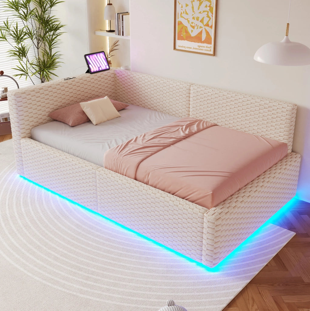 Polsterbett 90x200 cm con contenitore; LED; USB e Type-C; velluto beige