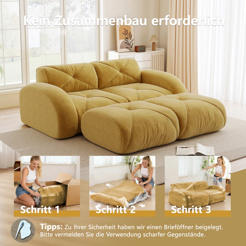 Divano modulare 2 posti con 2 pouf; senza struttura; per soggiorno; in chenille gialla
