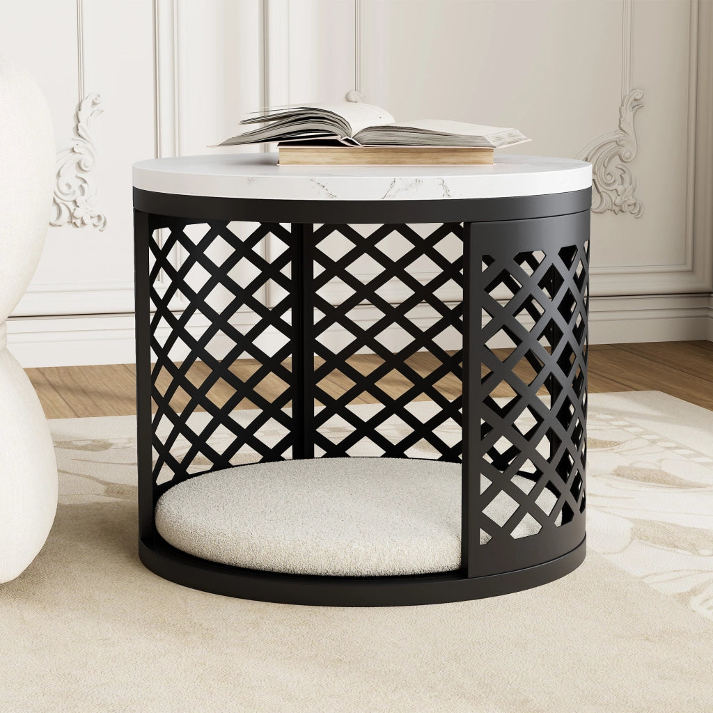 Set 2 tavolini da caffè rotondi 70 e 45 cm con spazio per animali; MDF e metallo bianco