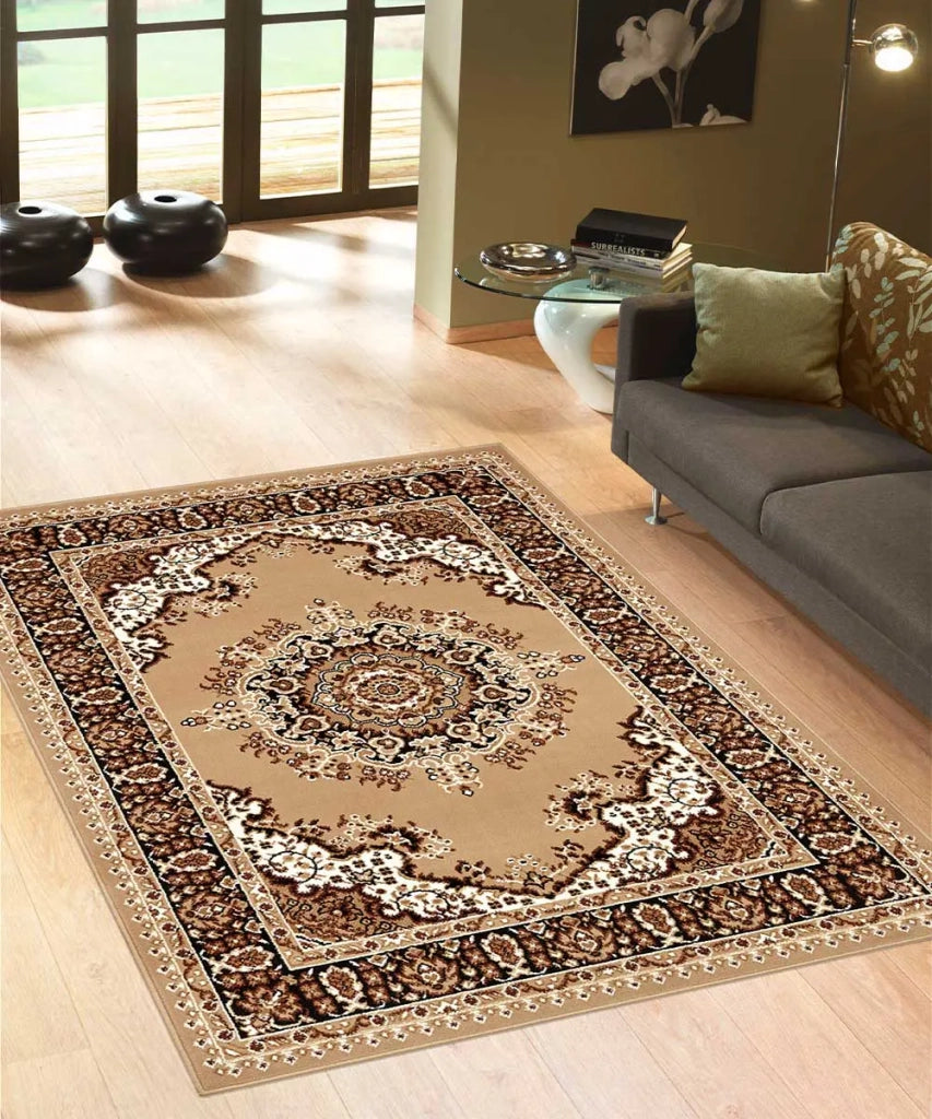 Tappeto P4480 beige cm.140x200 disegno persiano medaglione tradizionale, economico resistente facile da pulire