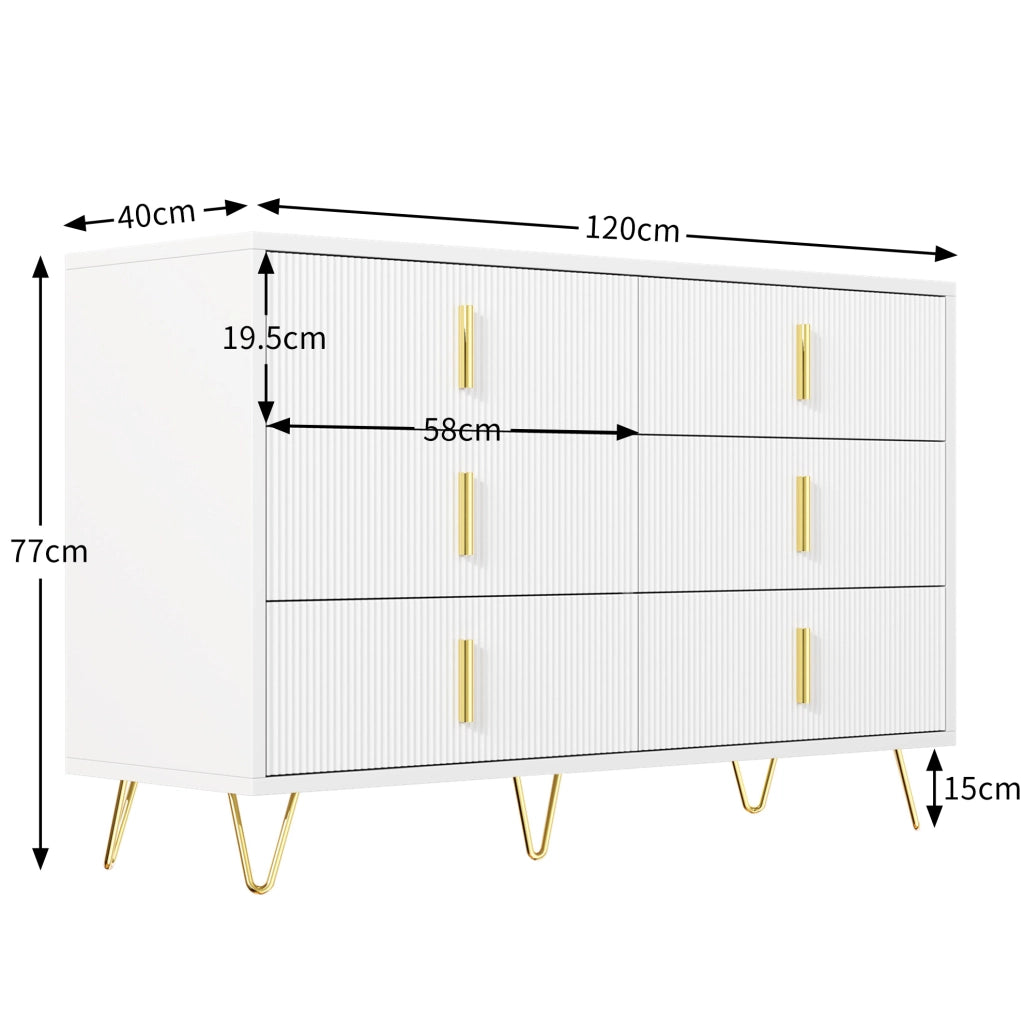 Sideboard bianco con piedini dorati, 120x77x40 cm con sei cassetti e design moderno
