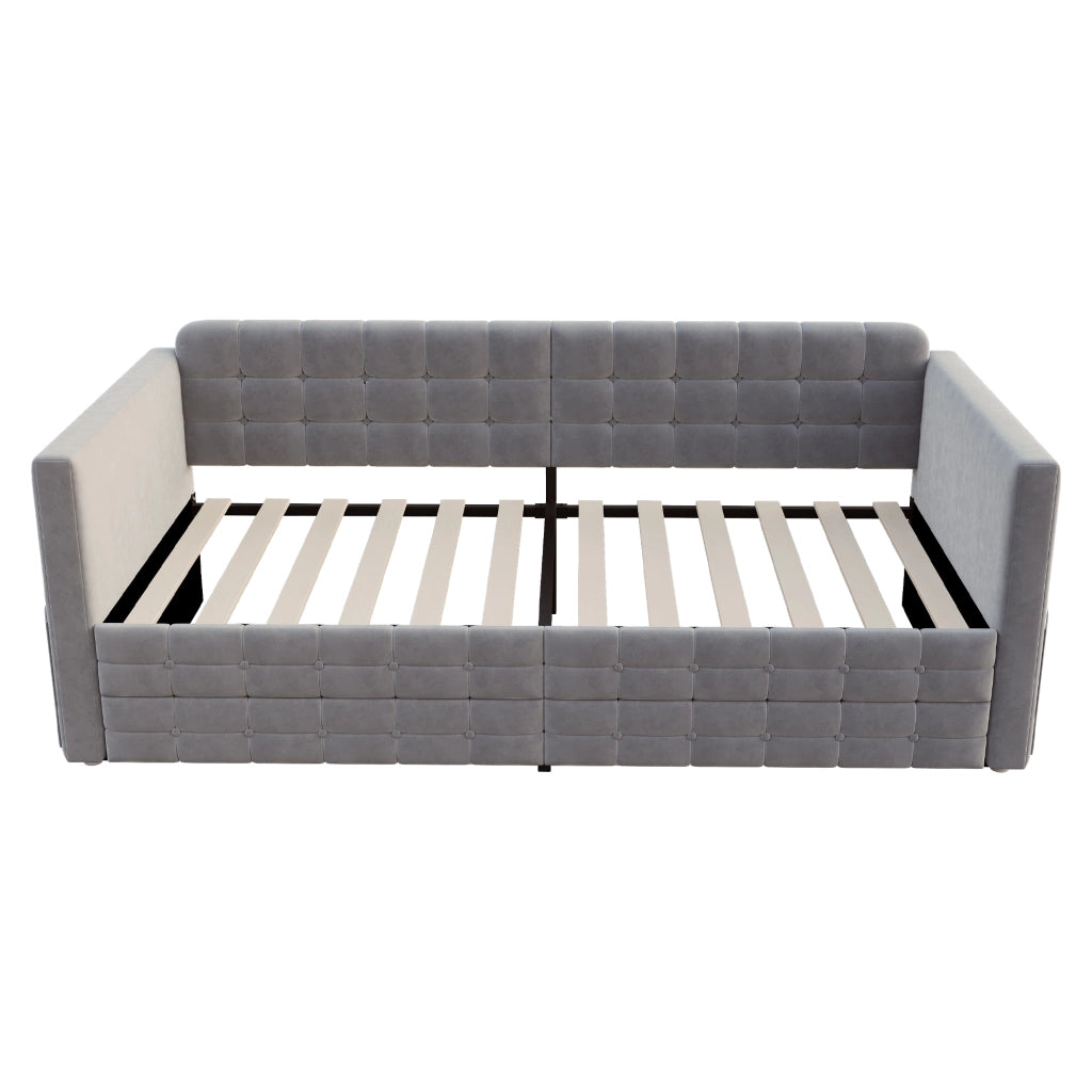 Letto divano singolo 90×190 cm con 2 cassetti e 4 tasche laterali; senza materasso; in velluto grigio