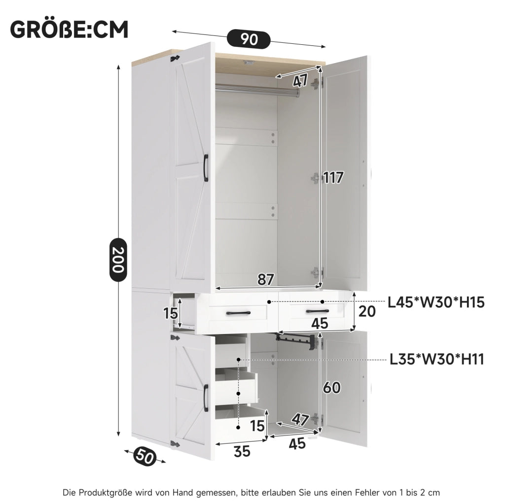 Armadio guardaroba 4 ante con 5 cassetti e 2 appendiabiti; 90x50x200 cm; MDF bianco