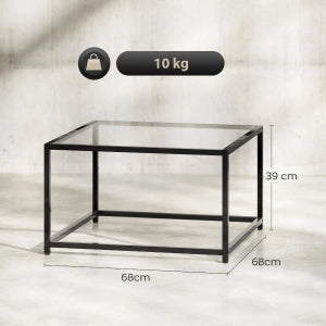 Tavolino basso fisso da soggiorno con piano in vetro temperato e struttura in acciaio nero 68 × 68 × 39 cm