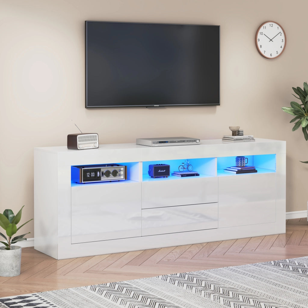 Mobile TV 160x35x60 cm con LED; 3 vani aperti; 2 ante e 2 cassetti; pannello truciolare bianco