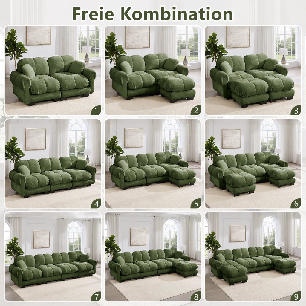 Divano angolare convertibile 3 posti con pouf mobile e 2 cuscini, Chenille Verde