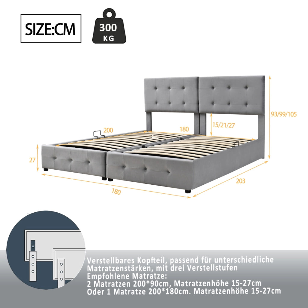 Letto con contenitore 180 × 200 cm trasformabile in due letti 90 × 200 cm con rete a doghe velluto grigio