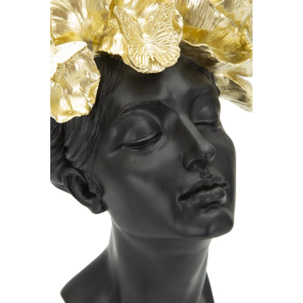 Scultura Donna con farfalle sul capo in resina nera e oro