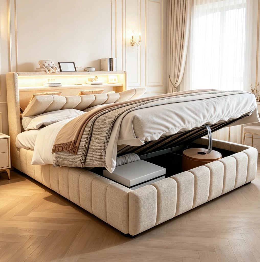 Letto imbottito contenitore 140 x 200 cm beige con LED, porte USB e USB-C