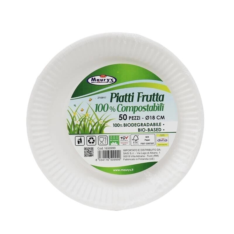 MAURY'S PIATTI 50 PZ FRUTTA 18 CM COMPOSTABILI BIODEGRADABILI