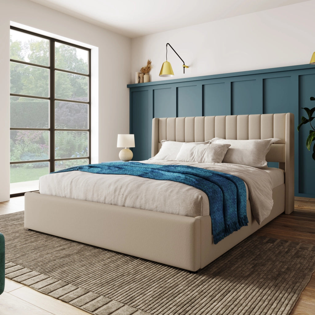 Letto contenitore 160 × 200 cm con sollevamento idraulico; rete a doghe e testiera imbottita in lino beige