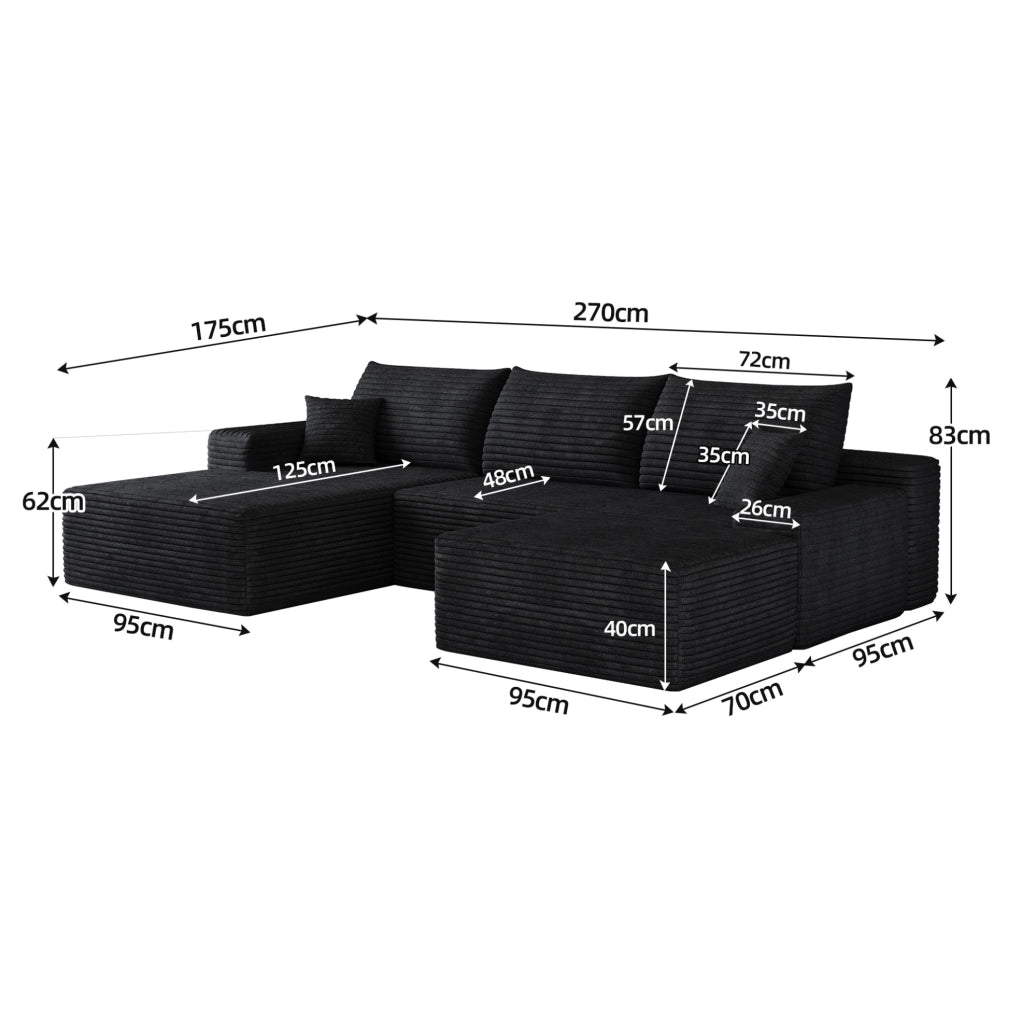 Divano modulare angolare senza braccioli 270 cm con chaise longue a L in tessuto di velluto a coste nero