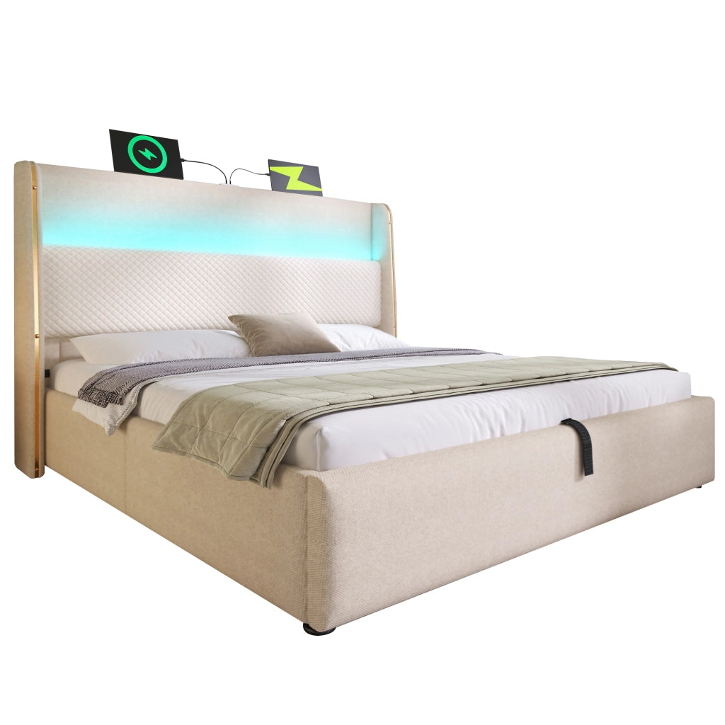 Letto matrimoniale 140 × 200 cm 2 posti con contenitore idraulico; LED regolabile e USB Type-C; senza materasso; beige