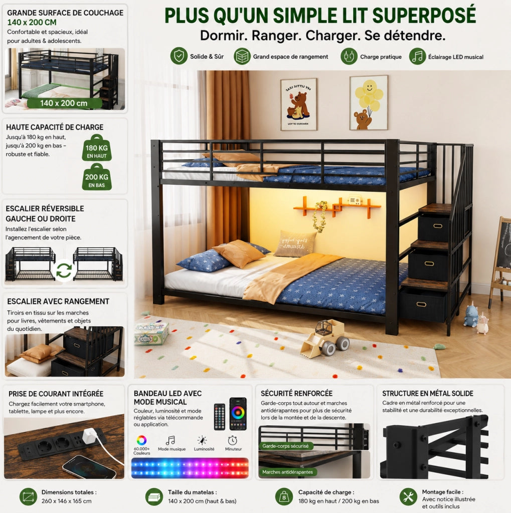 Letto a castello in metallo 140x200 cm con scala reversibile, contenitori, illuminazione LED e prese USB, colore nero