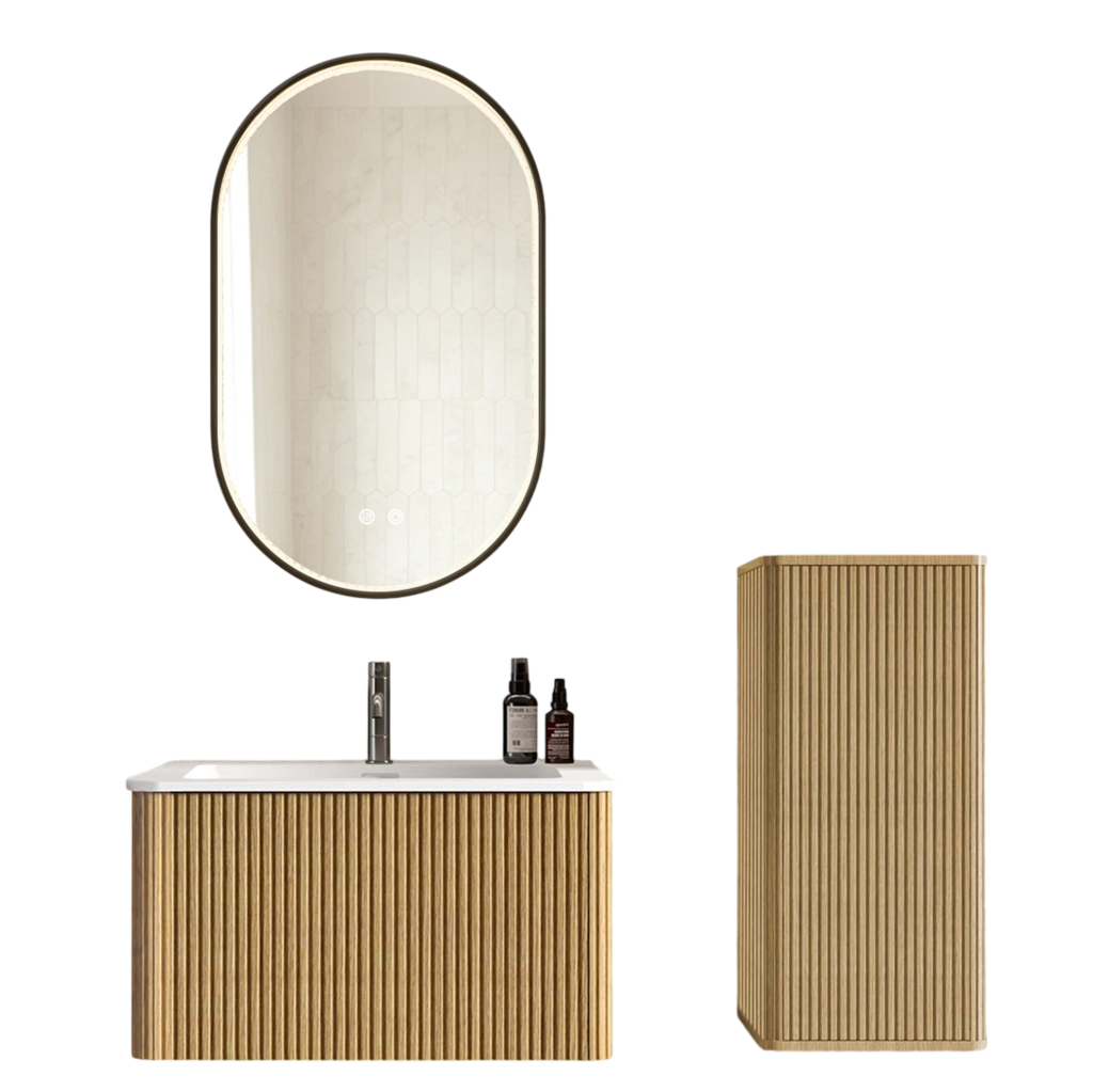 Set mobili bagno rovere con lavabo in pietra artificiale; specchio LED antiappannamento