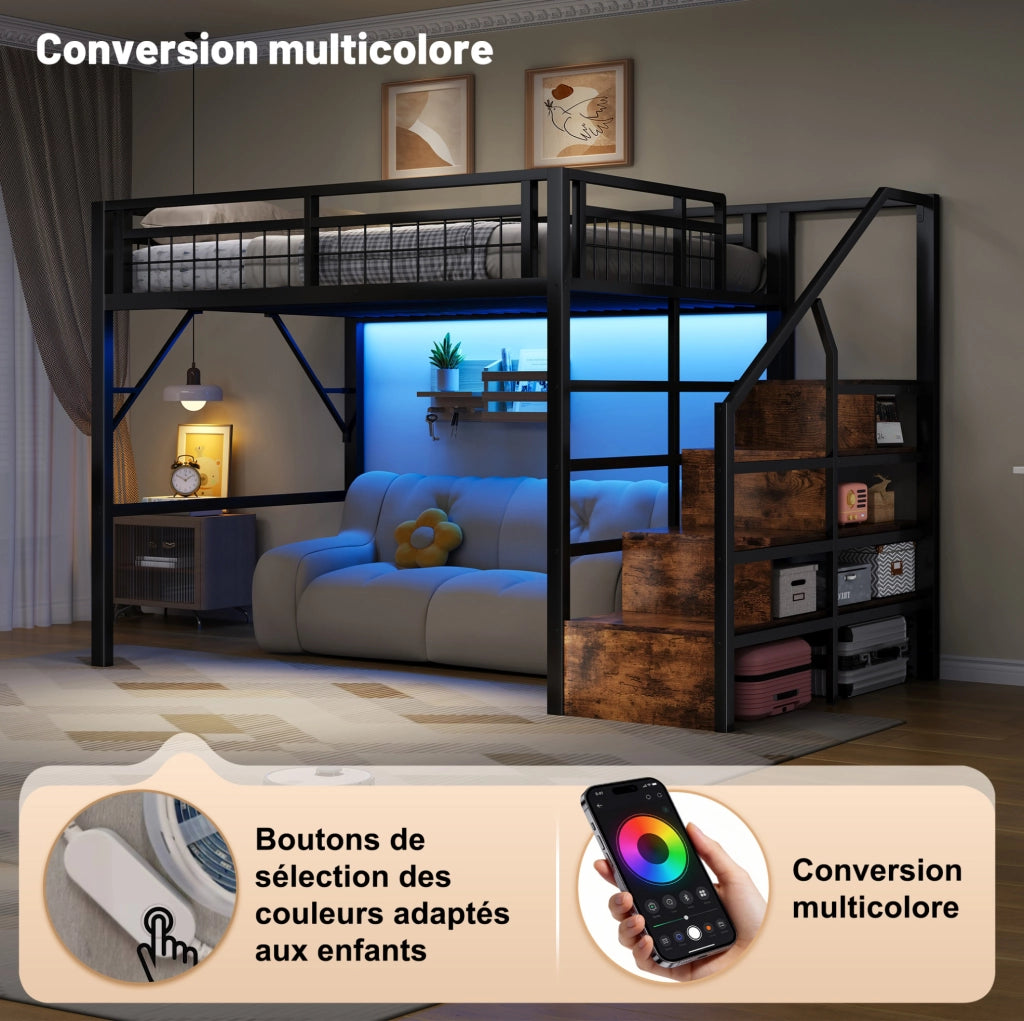 Letto a soppalco 140 x 200 cm nero con LED e gradini contenitore