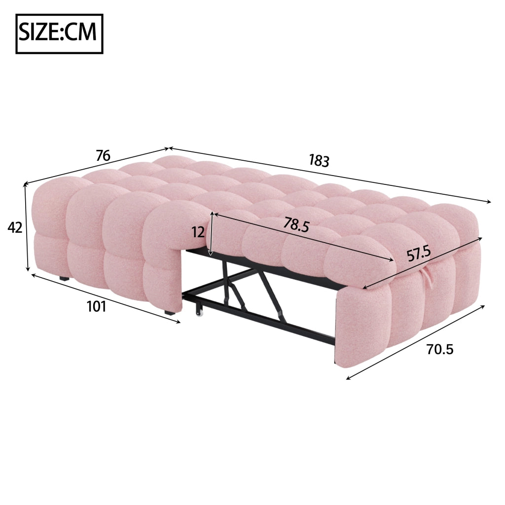 Pouf letto 2 in 1 183x76 cm rosa in tessuto Teddy, divano letto singolo