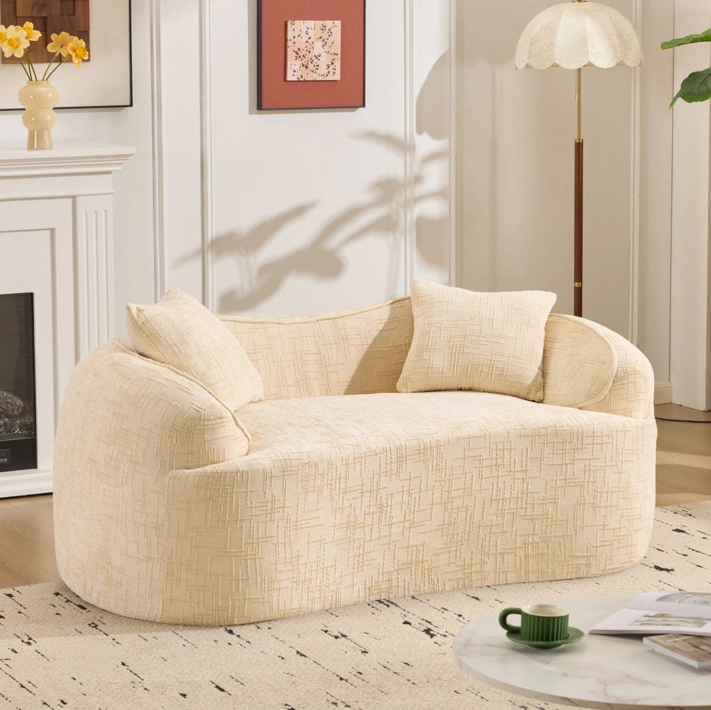 Divano curvo 2 posti con braccioli e 2 cuscini; beige
