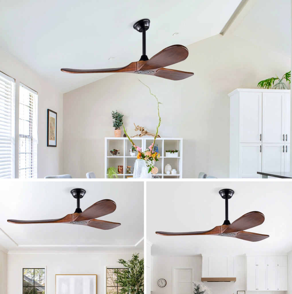 Ventilatore da soffitto 132 cm con 3 pale in legno di acero, motore DC silenzioso, telecomando e funzione memoria, finitura noce