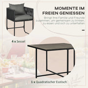 Set da giardino 5 pezzi in polyrattan con tavolo quadrato 110x110 cm e 4 sedie imbottite