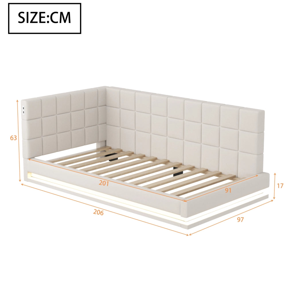 Divano letto imbottito 90x200 cm beige in lino con LED, USB e rete a doghe