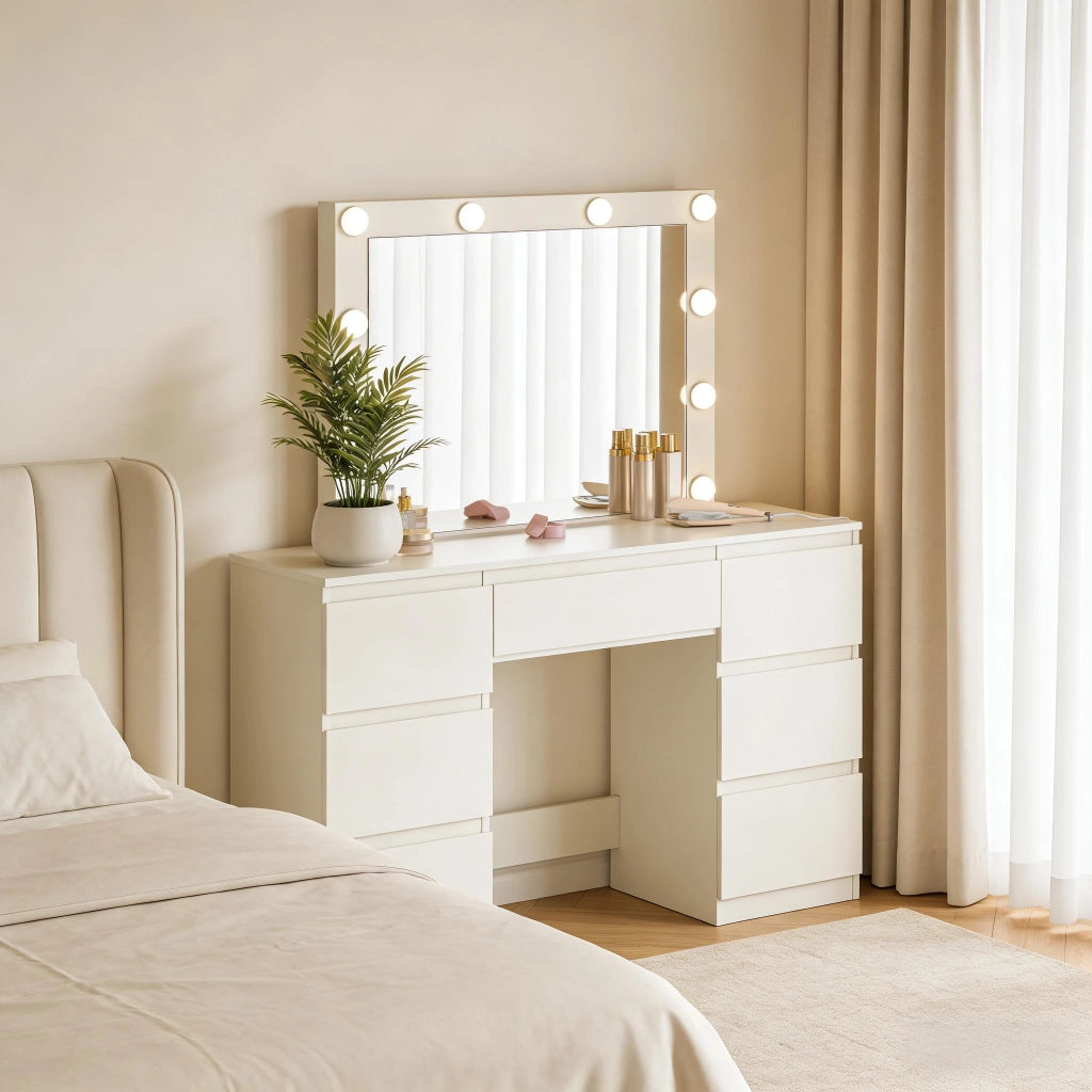 Toeletta con specchio LED dimmerabile, 7 cassetti e prese integrate in legno, bianca, 110 × 39,5 × 140,5 cm