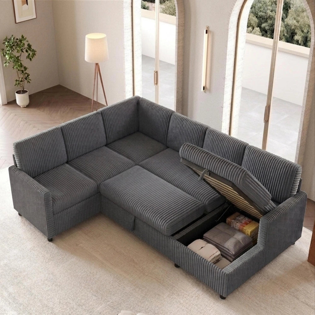 Divano panoramico a U con funzione letto estraibile e vano contenitore, in velluto a coste grigio, 274 × 220 × 85 cm