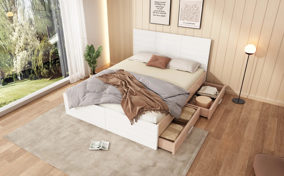 Letto matrimoniale 160 × 200 cm con 2 cassetti, materasso incluso, in legno massiccio e MDF, bianco e rovere