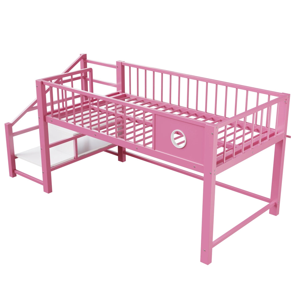 Letto a soppalco basso per bambini 90x200 cm con struttura in metallo rosa e scaletta con contenitore