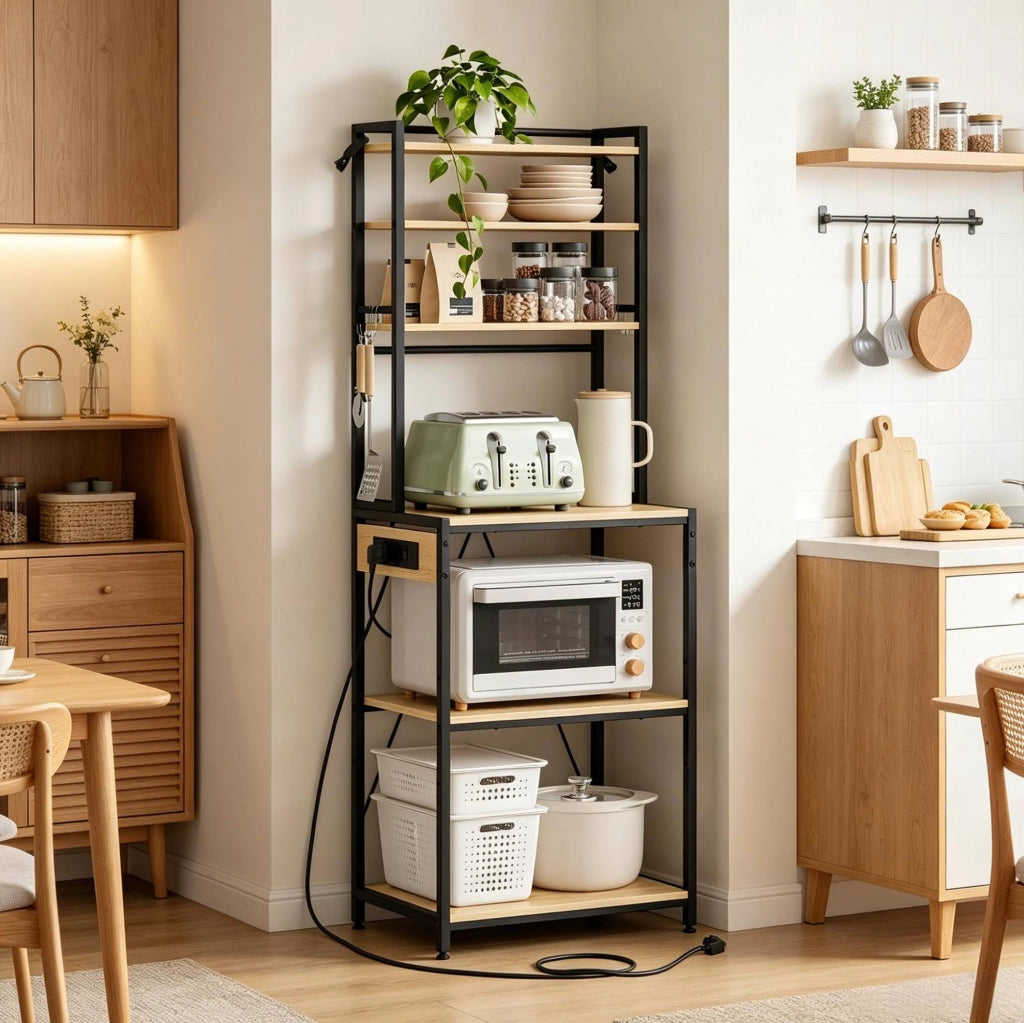 Stabile Küchenregal mit Steckdosen, 60x40x167 cm, Schwarz und Licht Eiche, Küchen- und Kaffee-Bar Station