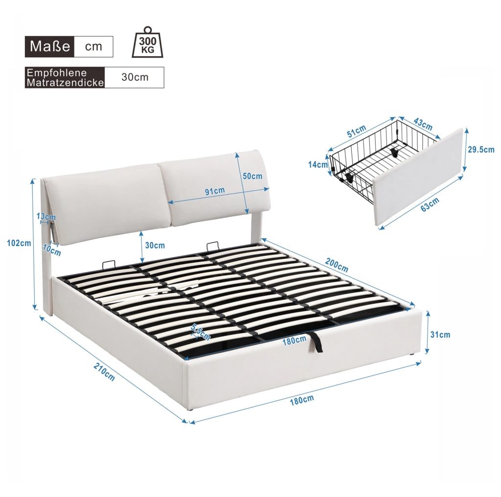 Letto imbottito 180x200 cm con contenitore idraulico, 3 cassetti e testiera in velluto beige, senza materasso