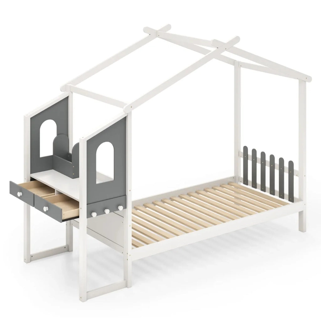 Letto Singolo a Forma di Casetta con Scrivania e Cassetti in Legno 200x90cm Bianco e Grigio per Cameretta Salvaspazio