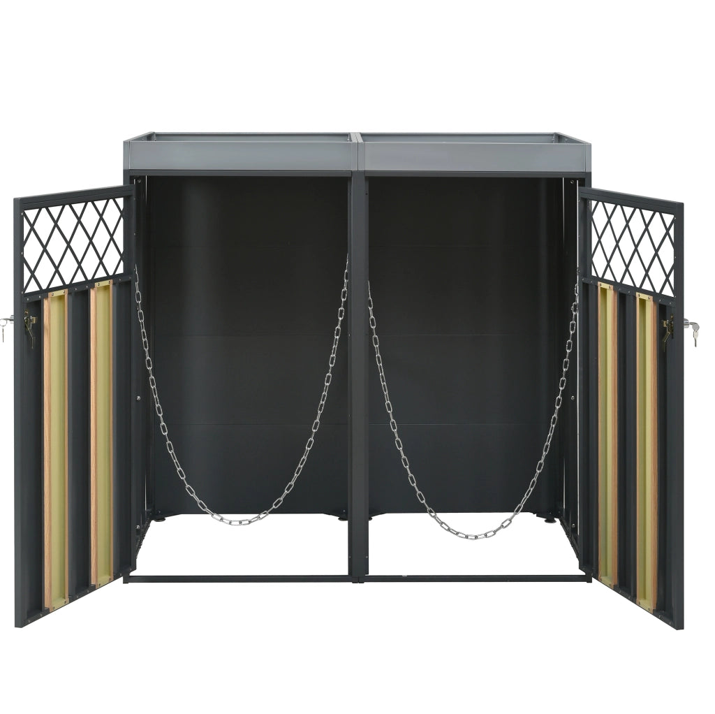 Armadio per bidoni raccolta differenziata con fioriera integrata, struttura in acciaio zincato, design con ventilazione a rombi e finitura effetto legno, chiudibile a chiave