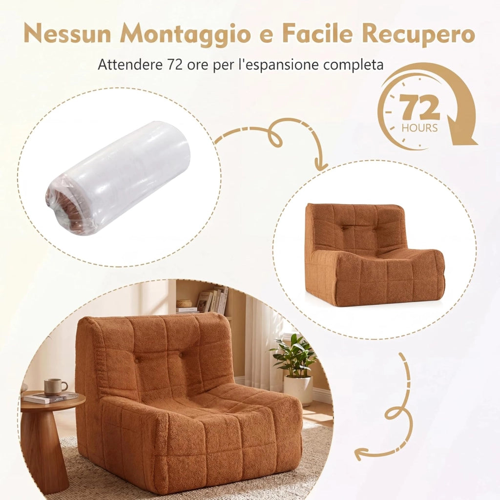 Divano da Pavimento, Poltrona da Lettura con Fondo Antiscivolo e Design Trapuntato, Sedia Imbottita da Terra per Soggiorno, Studio, Camera da Letto, 86 x 86 x 72cm, Portata 150 kg (Marrone)