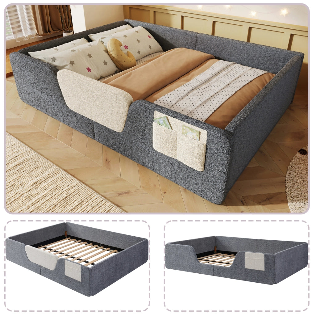 Letto imbottito per bambini 140x190 cm in velluto grigio con sponde removibili HOMVRA