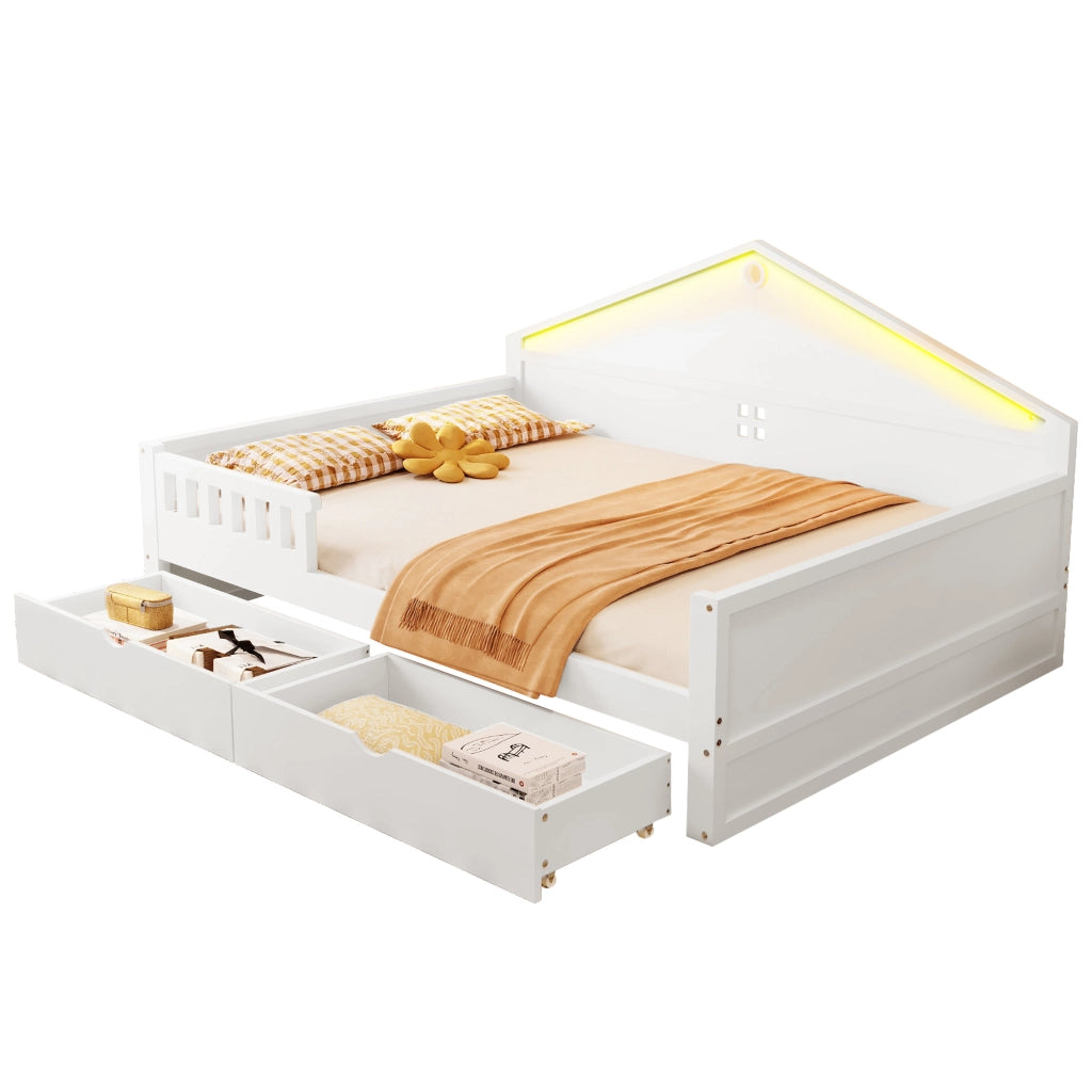 Letto singolo con LED e cassetti, 140x200 cm, bianco