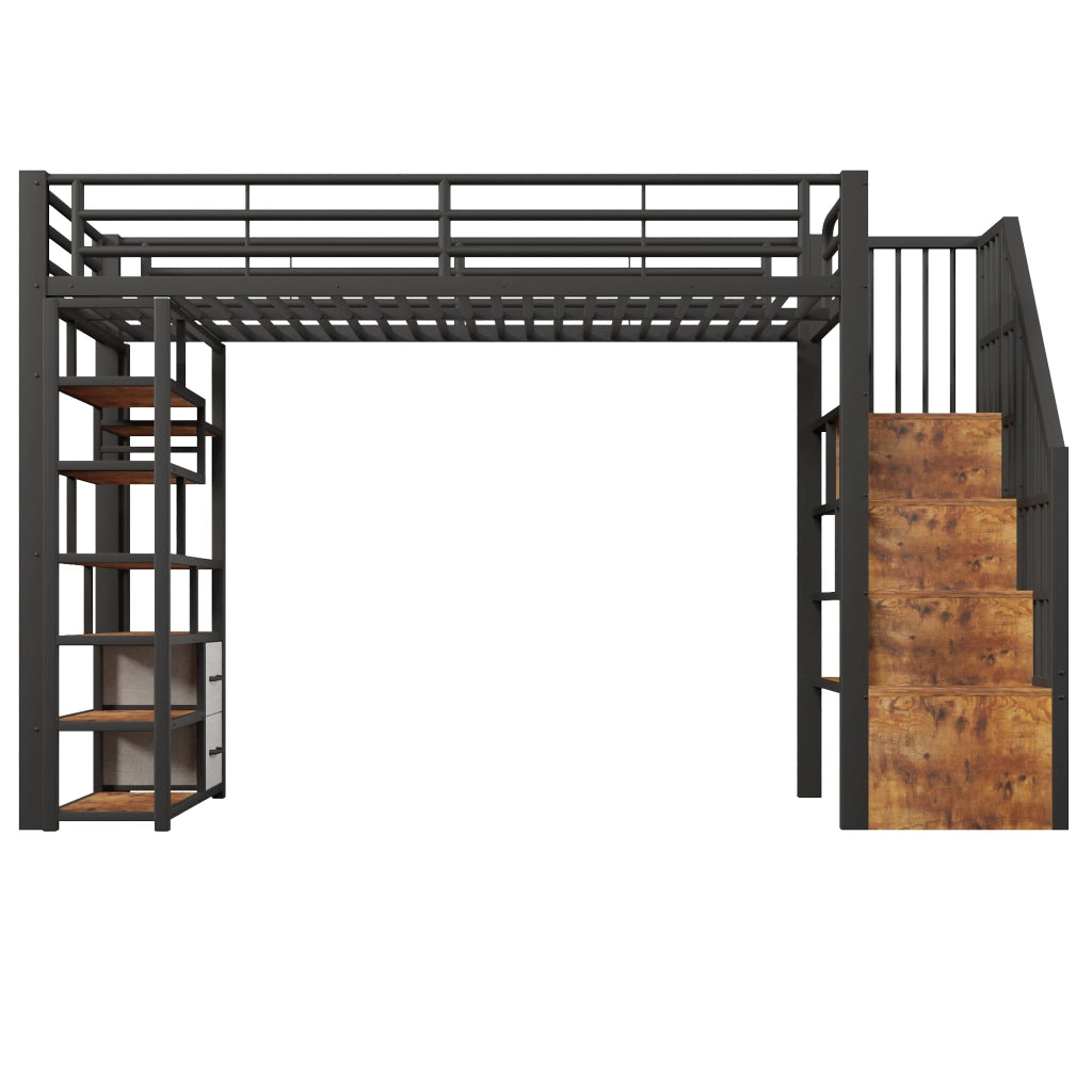 Letto a soppalco 90x200 cm nero con scala; sponde di sicurezza e struttura in metallo e MDF