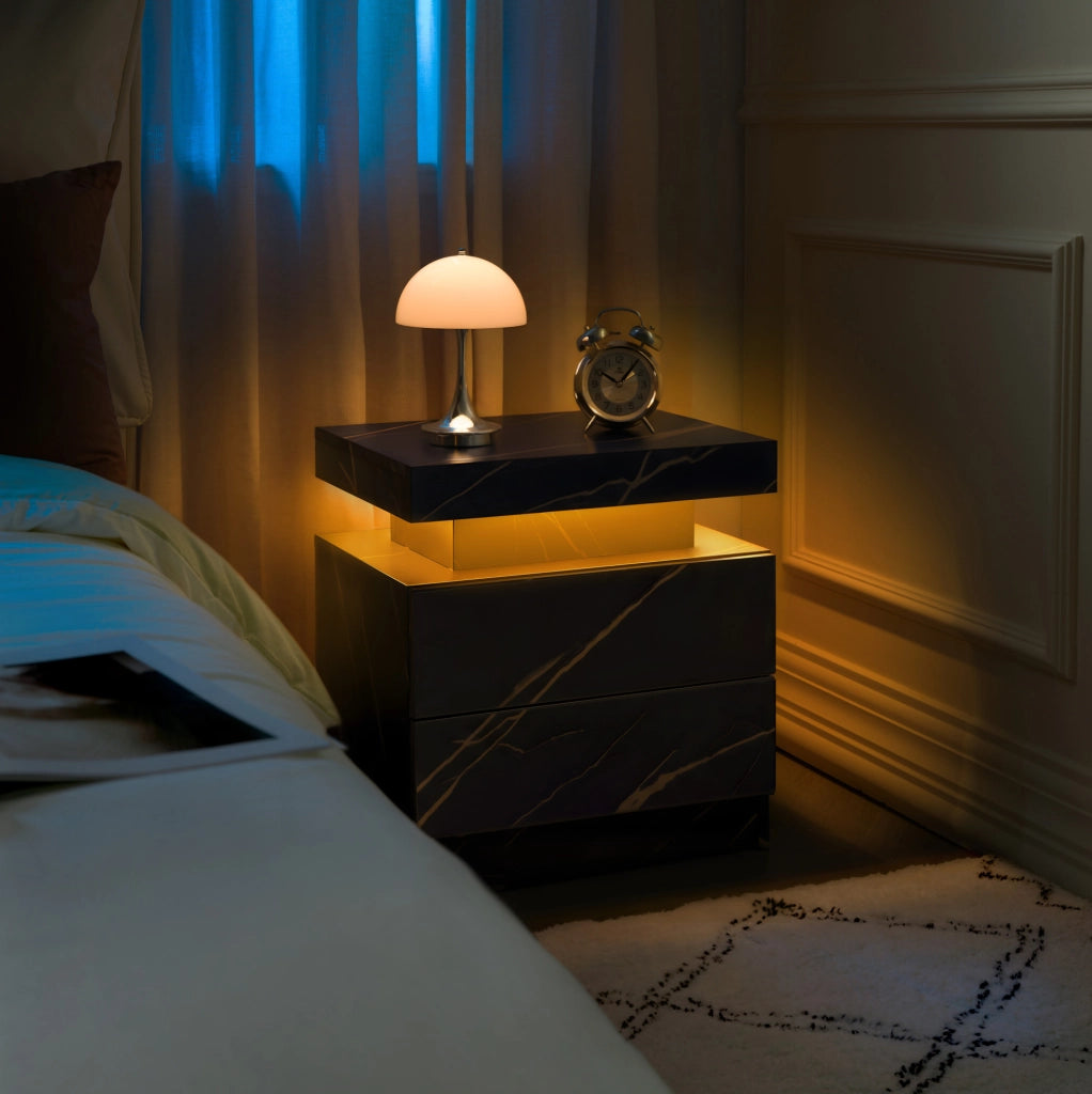 Comodino LED nero e oro con 2 cassetti