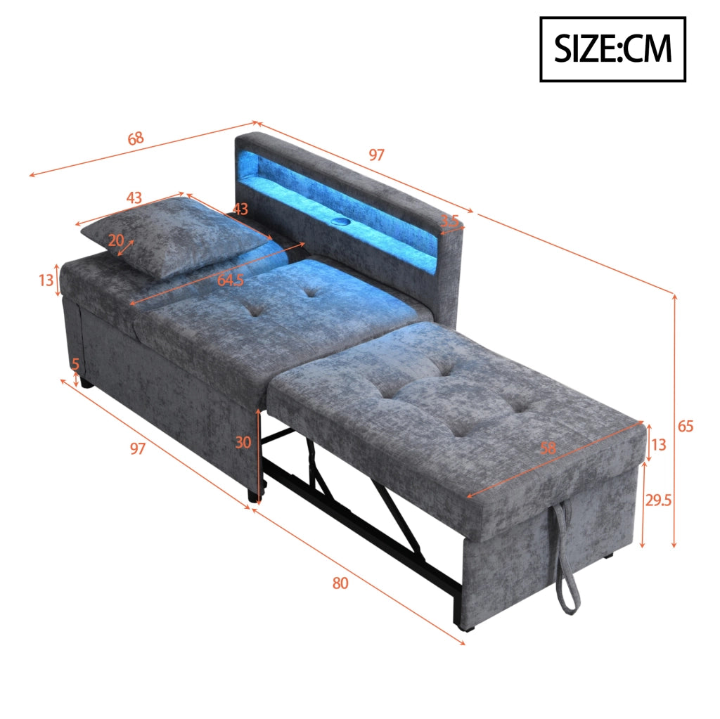 Divano letto 3 in 1 grigio chiaro con LED e USB-C