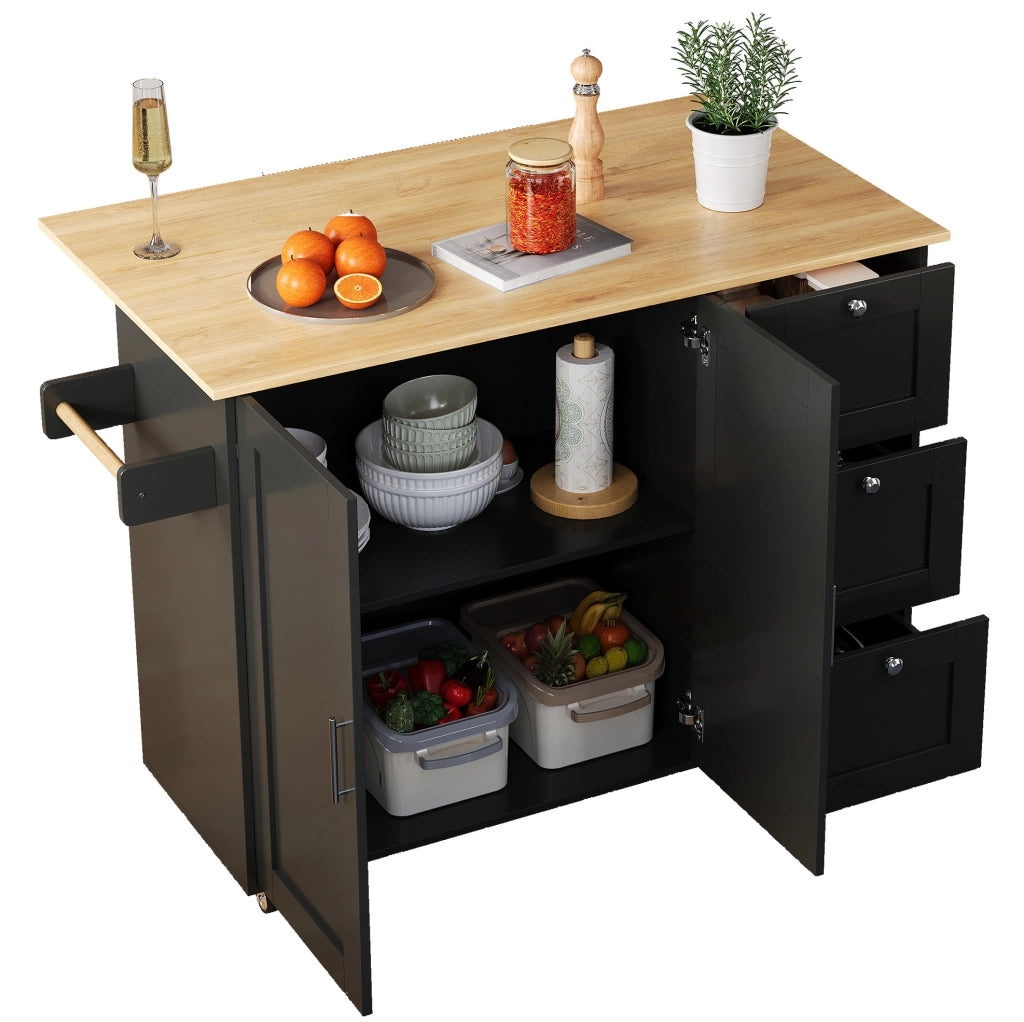 Carrello da cucina pieghevole con 3 cassetti e 2 ante; MDF; nero e naturale; 135 × 44/70 × 90 cm