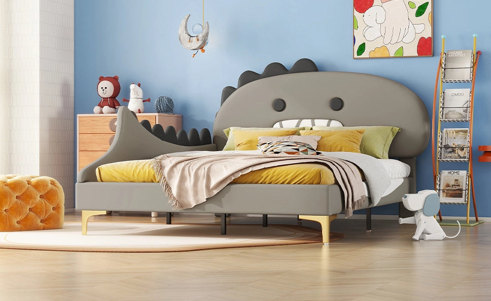 Letto per bambini 140x200 cm a forma di dinosauro cartoon in PU grigio