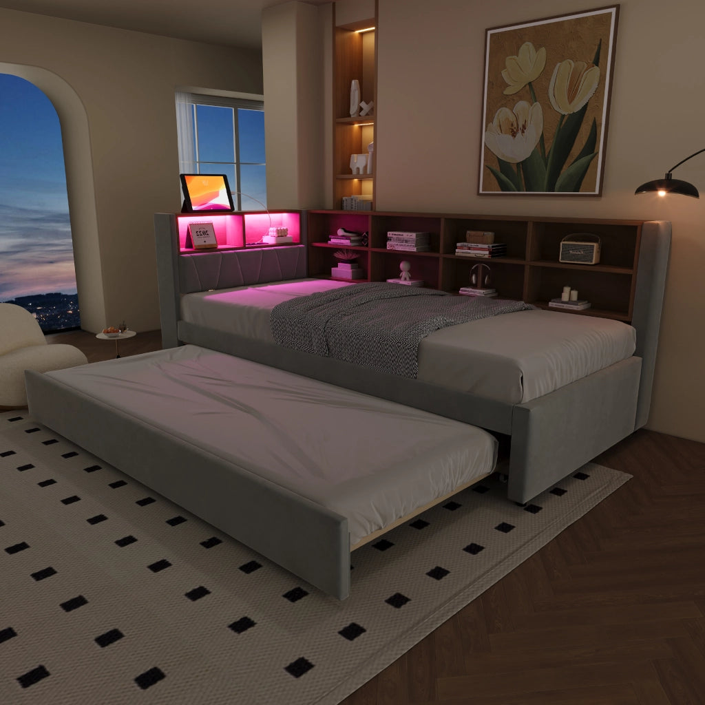 Letto con letto estraibile 90 × 200 cm con LED USB Type-C presa e vani portaoggetti in flanella grigio chiaro