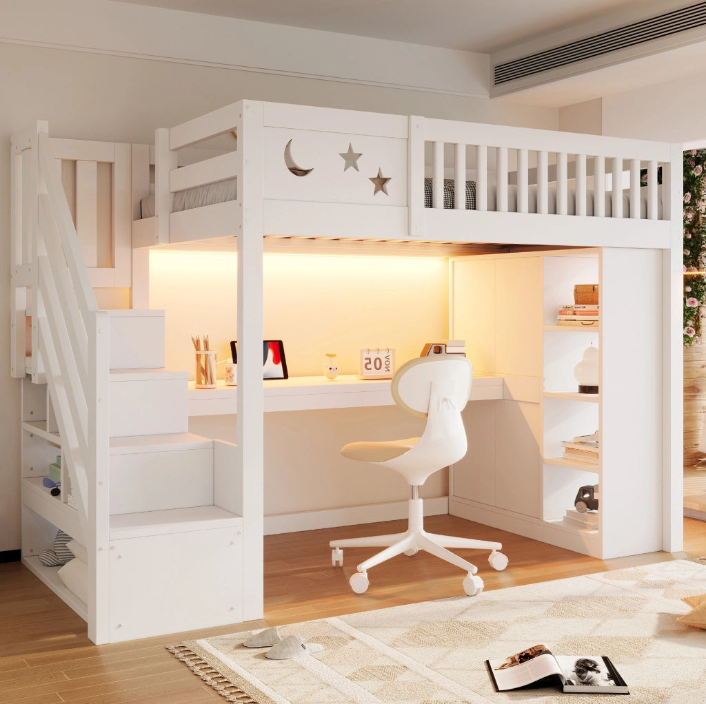 Letto a soppalco ULEVR 90x200 cm con scrivania, LED, prese e scala contenitore, bianco e colore legno