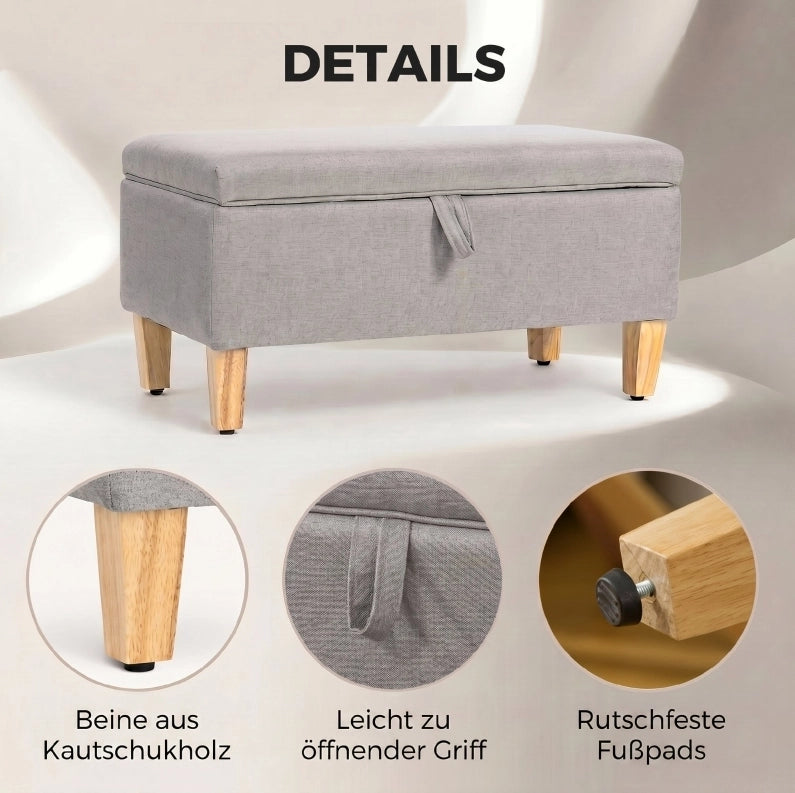 Panca contenitore imbottita in tessuto effetto lino grigio chiaro con gambe in legno di gomma