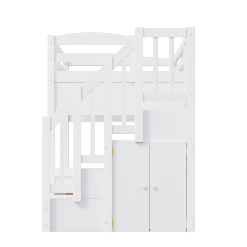 Letto a castello 90x200 cm bianco con letto estraibile; 2 cassetti; scala contenitore e armadio