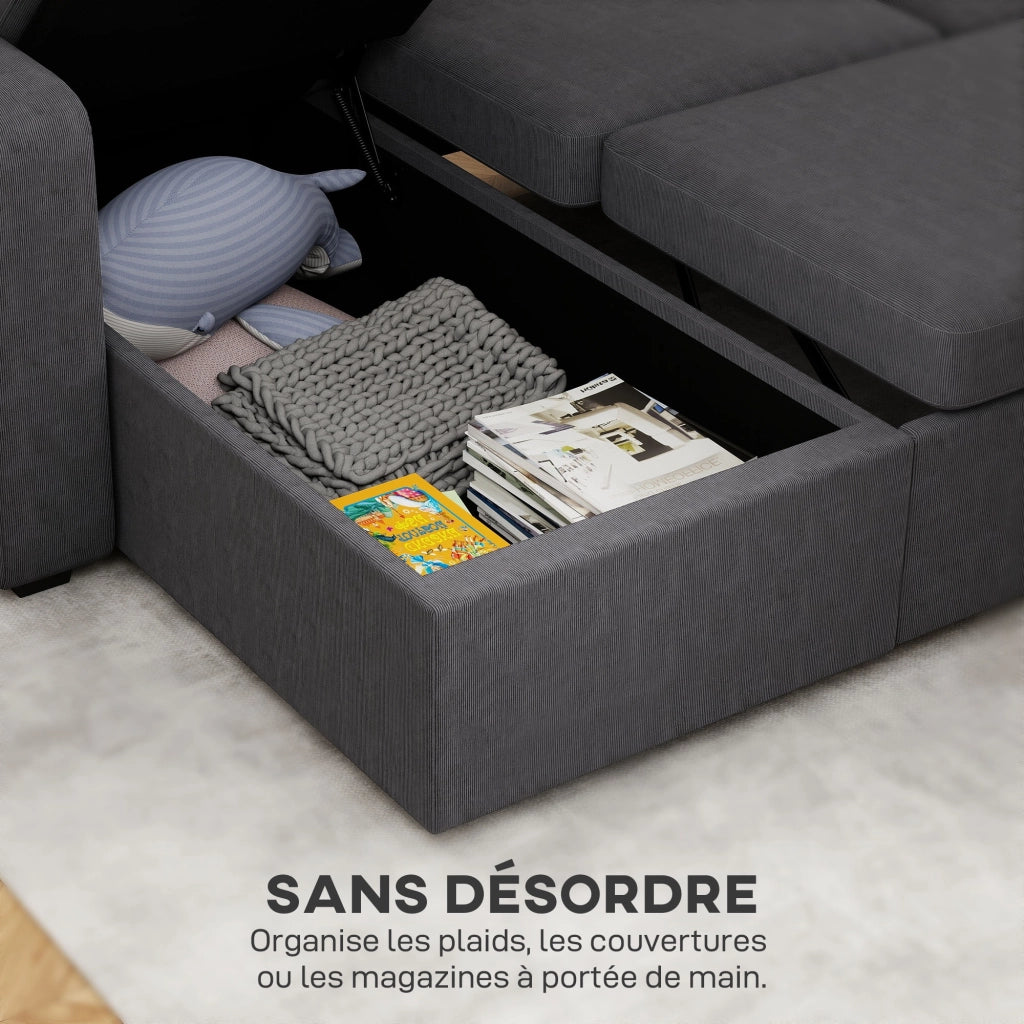Divano letto angolare in velluto con contenitore e cuscini ¨C Minimal ¨C Grigio 205x135x76 cm