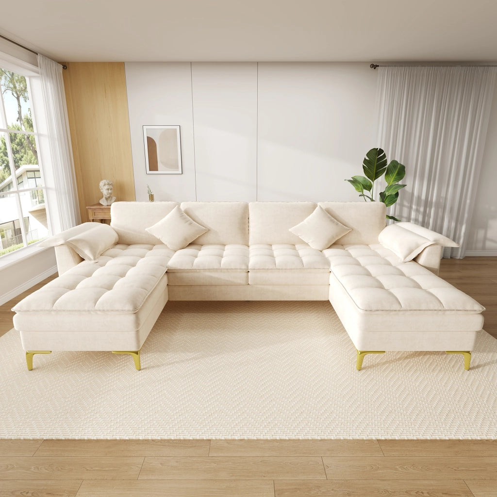 Divano angolare a U 4-5 posti - con 2 chaise longue e 2 cuscini - in chenille beige
