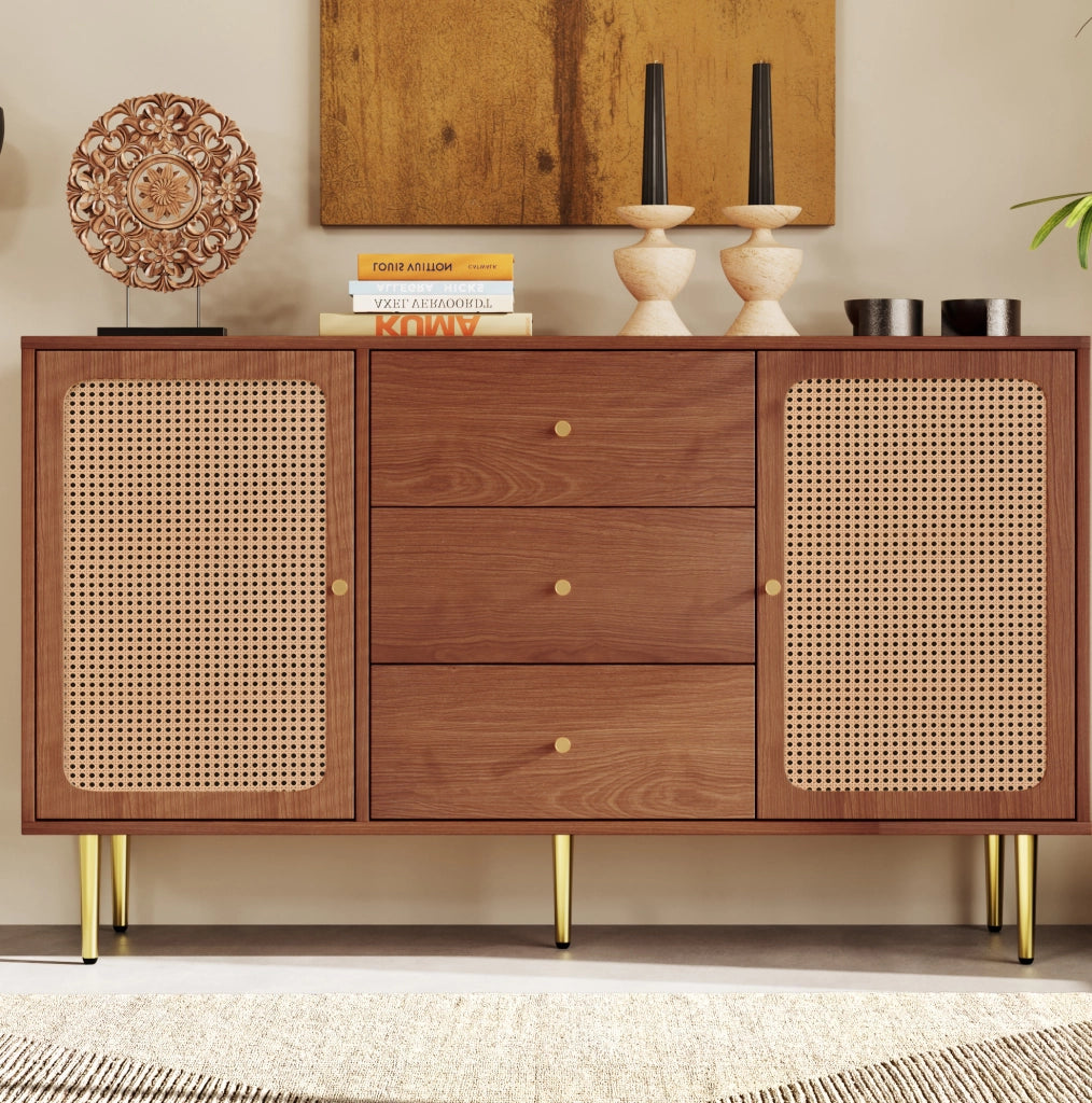 Credenza 150x40x90 cm con 2 ante; 3 cassetti e ripiano regolabile color noce HOMVRA